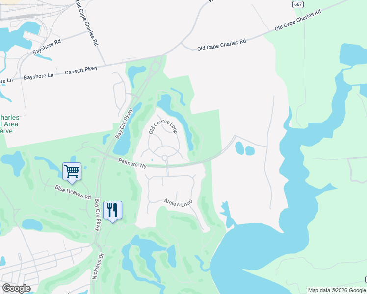 map of restaurants, bars, coffee shops, grocery stores, and more near Old Course Loop in Cape Charles