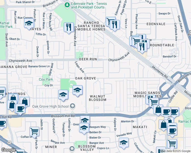 map of restaurants, bars, coffee shops, grocery stores, and more near 111 Hayes Avenue in San Jose