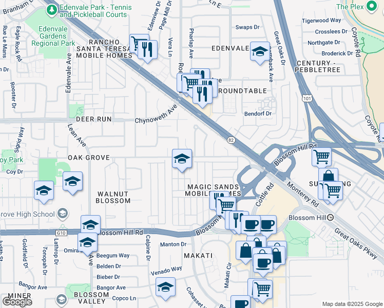 map of restaurants, bars, coffee shops, grocery stores, and more near 5399 Garrison Circle in San Jose
