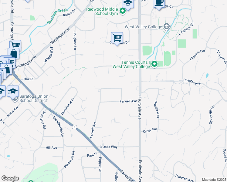 map of restaurants, bars, coffee shops, grocery stores, and more near 19680 Versailles Way in Saratoga