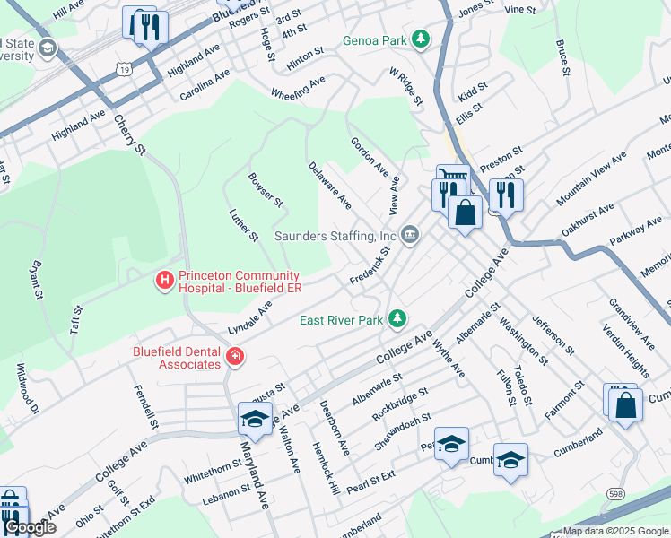map of restaurants, bars, coffee shops, grocery stores, and more near 700 Lyndale Avenue in Bluefield