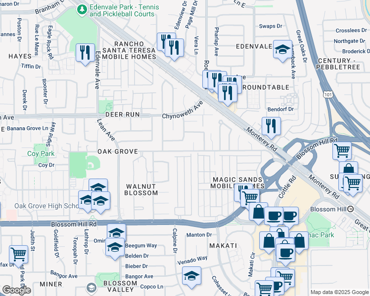 map of restaurants, bars, coffee shops, grocery stores, and more near 71 Hayes Avenue in San Jose