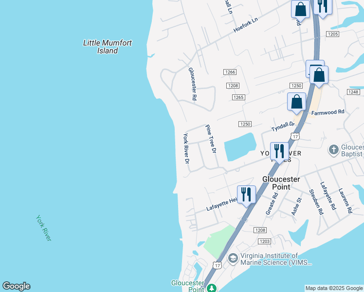 map of restaurants, bars, coffee shops, grocery stores, and more near 1614 York River Drive in Gloucester Point