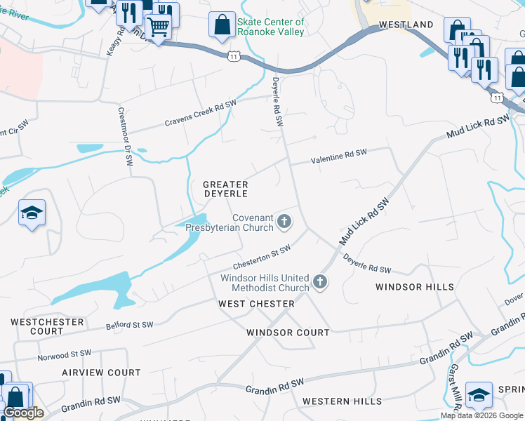 map of restaurants, bars, coffee shops, grocery stores, and more near 3735 Renfield Rd SW in Roanoke