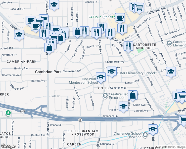 map of restaurants, bars, coffee shops, grocery stores, and more near 14600 Wyrick Avenue in San Jose