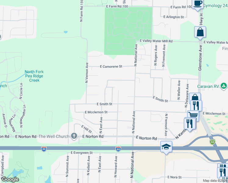 map of restaurants, bars, coffee shops, grocery stores, and more near 1028 East Caravan Street in Springfield