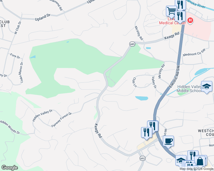 map of restaurants, bars, coffee shops, grocery stores, and more near Virginia 685 in Cave Spring