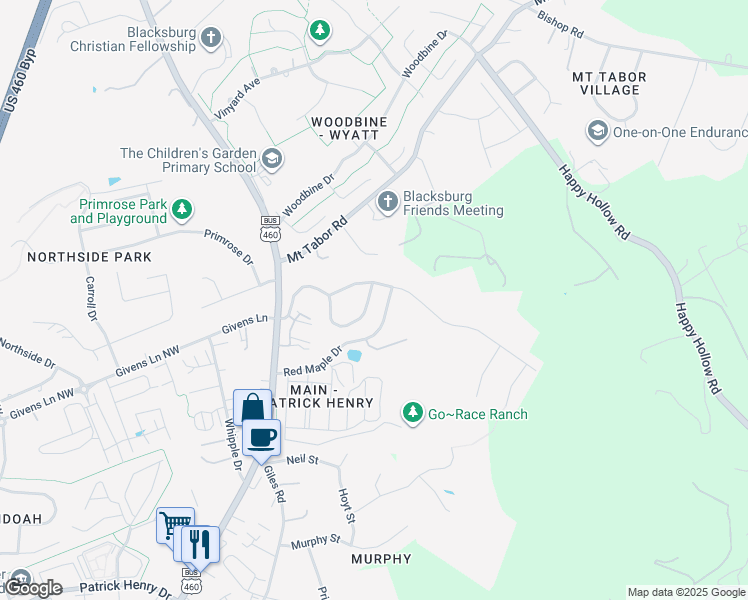 map of restaurants, bars, coffee shops, grocery stores, and more near 228 Mountain Breeze Drive in Blacksburg