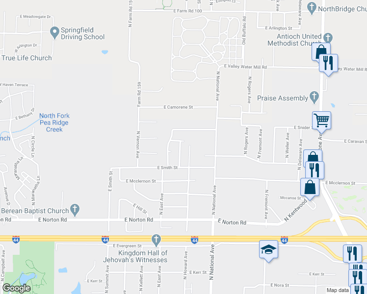 map of restaurants, bars, coffee shops, grocery stores, and more near 3236 North Travis Avenue in Springfield