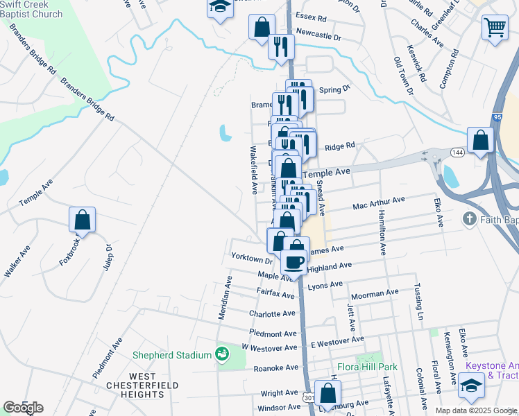 map of restaurants, bars, coffee shops, grocery stores, and more near 1809 Wakefield Avenue in Colonial Heights