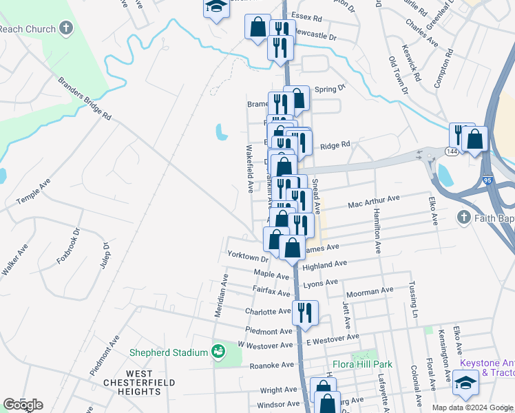 map of restaurants, bars, coffee shops, grocery stores, and more near 1809 Wakefield Avenue in Colonial Heights