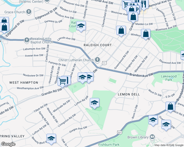 map of restaurants, bars, coffee shops, grocery stores, and more near 2102 Grandin Road Southwest in Roanoke