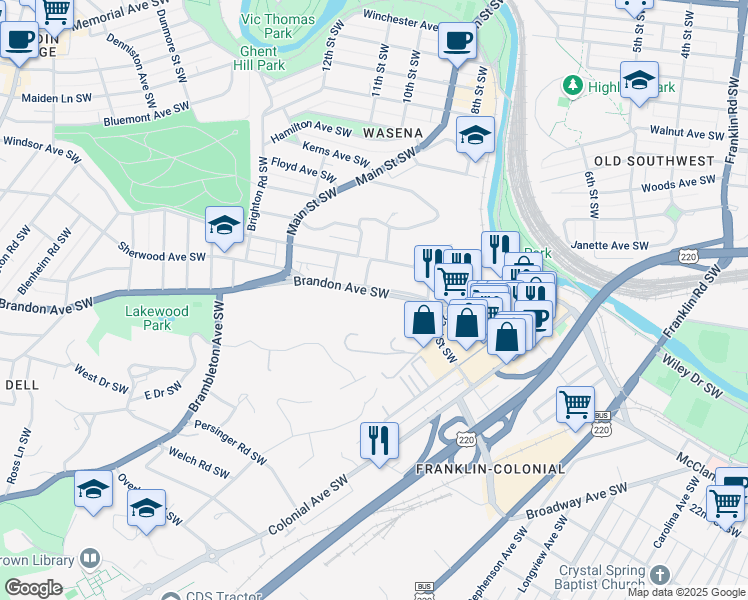 map of restaurants, bars, coffee shops, grocery stores, and more near 752 Brandon Avenue Southwest in Roanoke