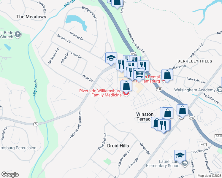 map of restaurants, bars, coffee shops, grocery stores, and more near 1504 Queens Crossing in Williamsburg