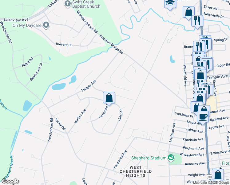 map of restaurants, bars, coffee shops, grocery stores, and more near 3608 Colonnade Drive in Ettrick