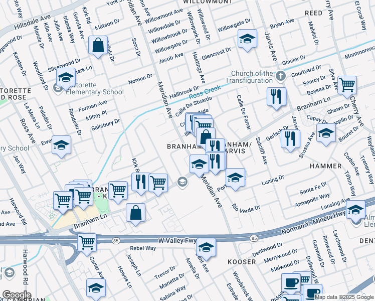 map of restaurants, bars, coffee shops, grocery stores, and more near 4550 Meridian Avenue in San Jose