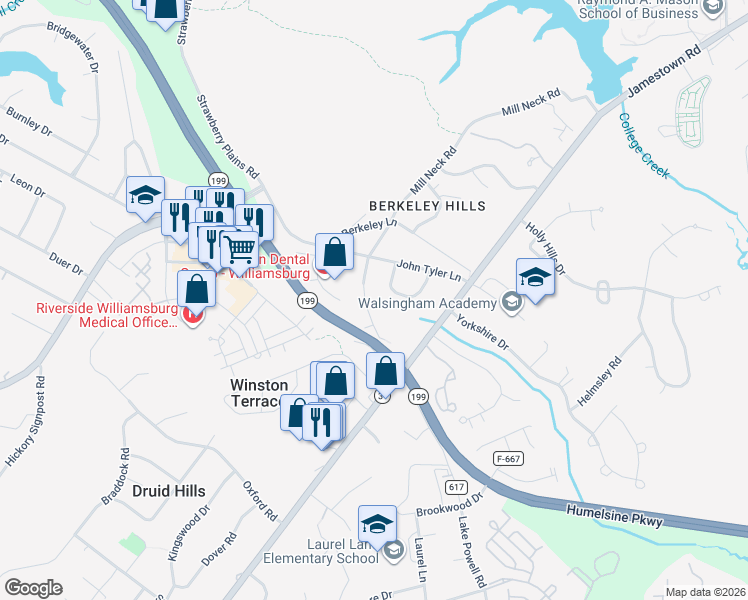 map of restaurants, bars, coffee shops, grocery stores, and more near 14 Cole Lane in Williamsburg