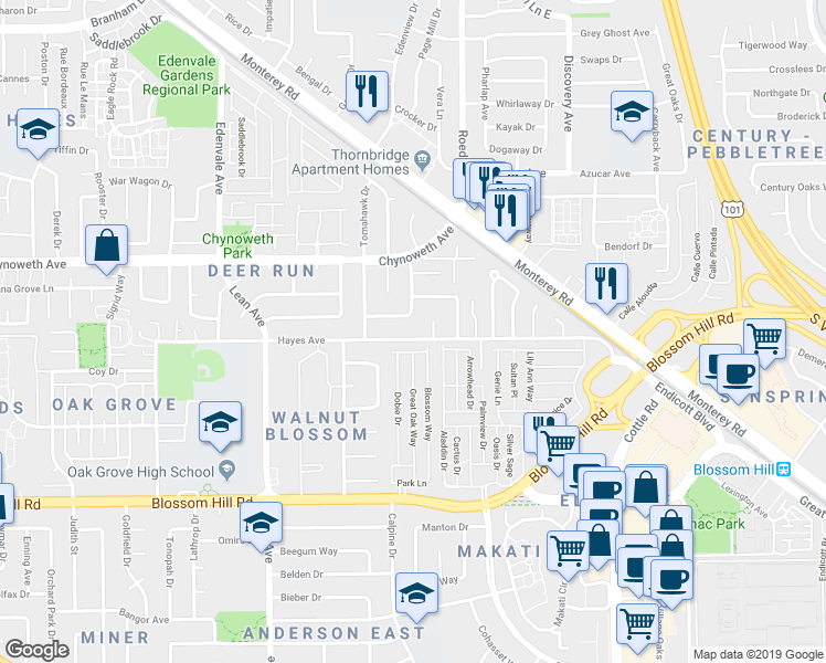map of restaurants, bars, coffee shops, grocery stores, and more near 71 Hayes Avenue in San Jose