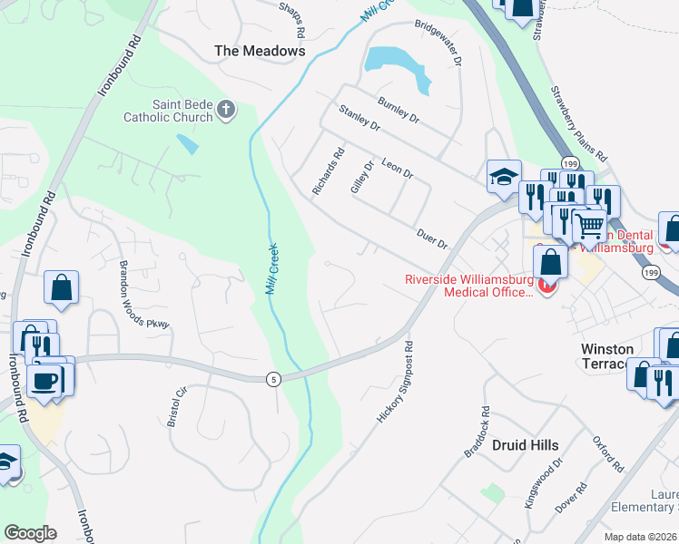 map of restaurants, bars, coffee shops, grocery stores, and more near 11 Foxcroft Road in Williamsburg