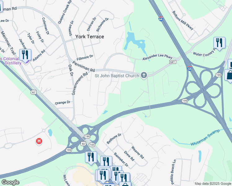 map of restaurants, bars, coffee shops, grocery stores, and more near 1337 Penniman Road in Williamsburg