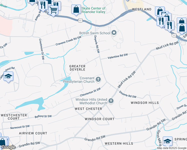 map of restaurants, bars, coffee shops, grocery stores, and more near 3717 Renfield Rd SW in Roanoke