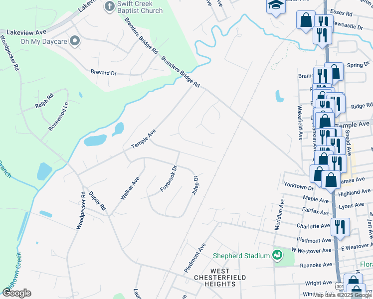 map of restaurants, bars, coffee shops, grocery stores, and more near 3608 Colonnade Drive in Ettrick