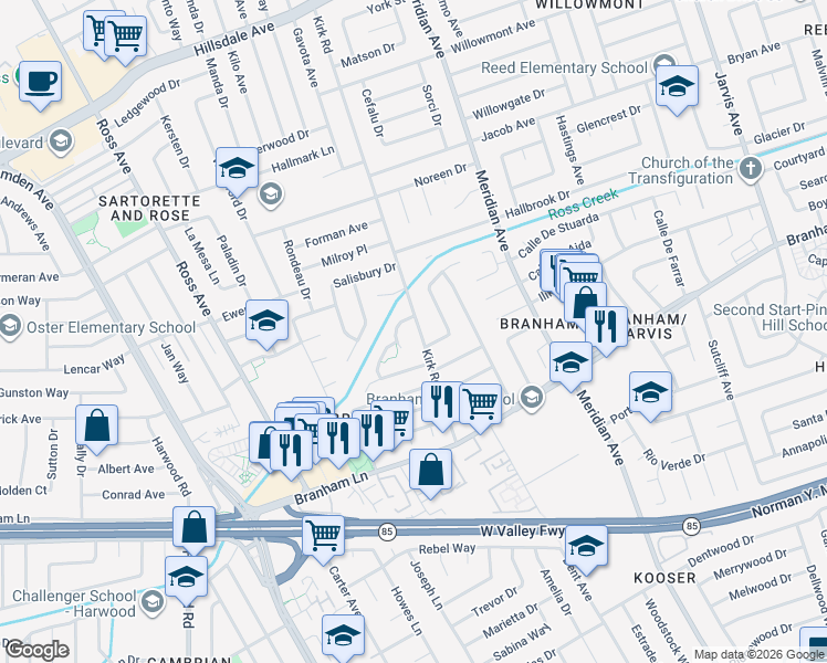 map of restaurants, bars, coffee shops, grocery stores, and more near 1637 Swangate Way in San Jose