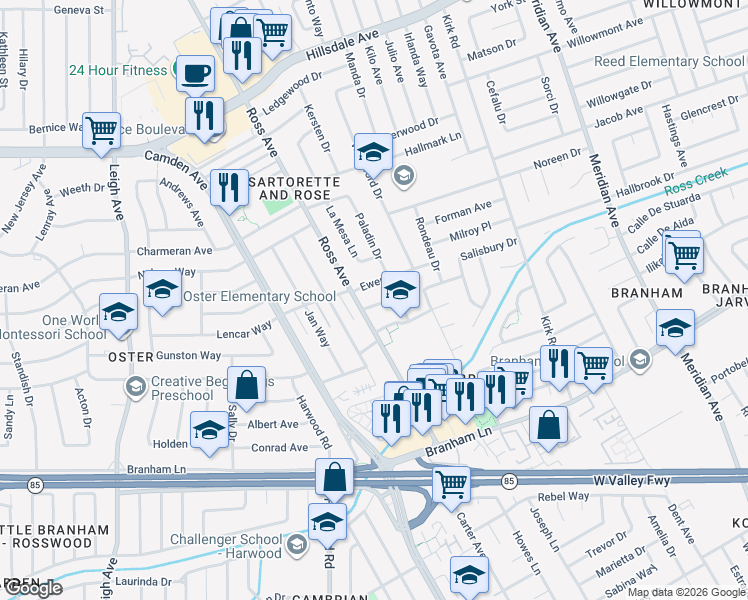 map of restaurants, bars, coffee shops, grocery stores, and more near 1732 Ewer Drive in San Jose