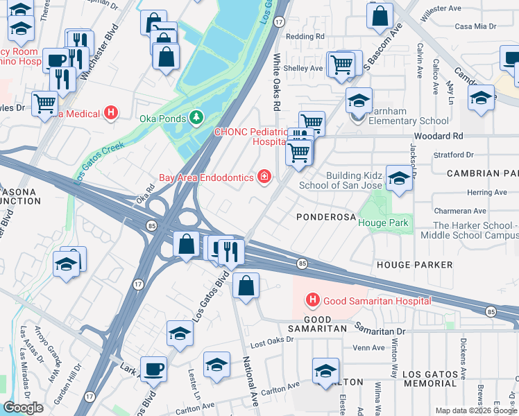 map of restaurants, bars, coffee shops, grocery stores, and more near 14566 South Bascom Avenue in Los Gatos