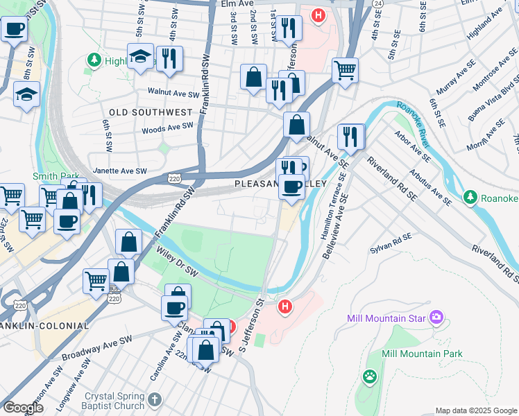 map of restaurants, bars, coffee shops, grocery stores, and more near Riverside Cir in Roanoke
