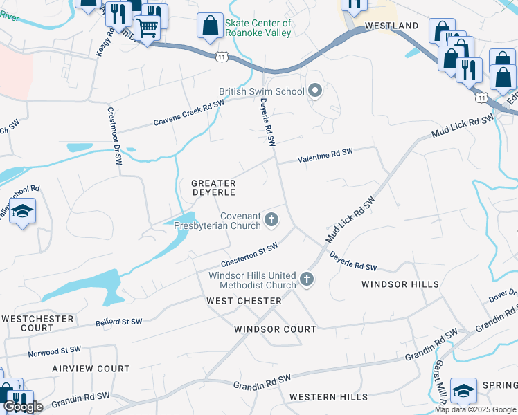 map of restaurants, bars, coffee shops, grocery stores, and more near 3717 Renfield Rd SW in Roanoke