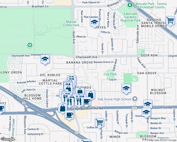 map of restaurants, bars, coffee shops, grocery stores, and more near 236 Cheris Drive in San Jose