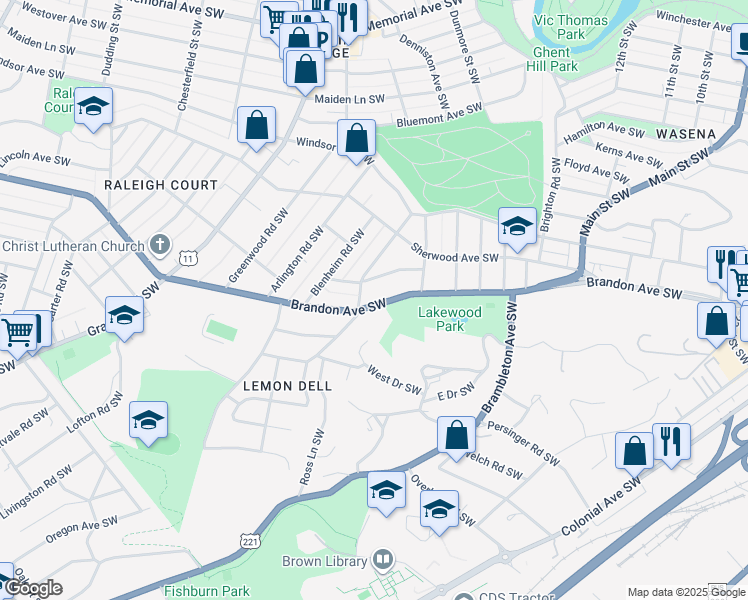 map of restaurants, bars, coffee shops, grocery stores, and more near 1545 Brandon Avenue Southwest in Roanoke