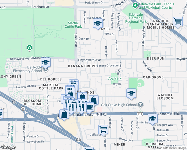 map of restaurants, bars, coffee shops, grocery stores, and more near 5305 Dexter Drive in San Jose