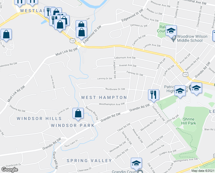 map of restaurants, bars, coffee shops, grocery stores, and more near 2725 Northview Drive Southwest in Roanoke