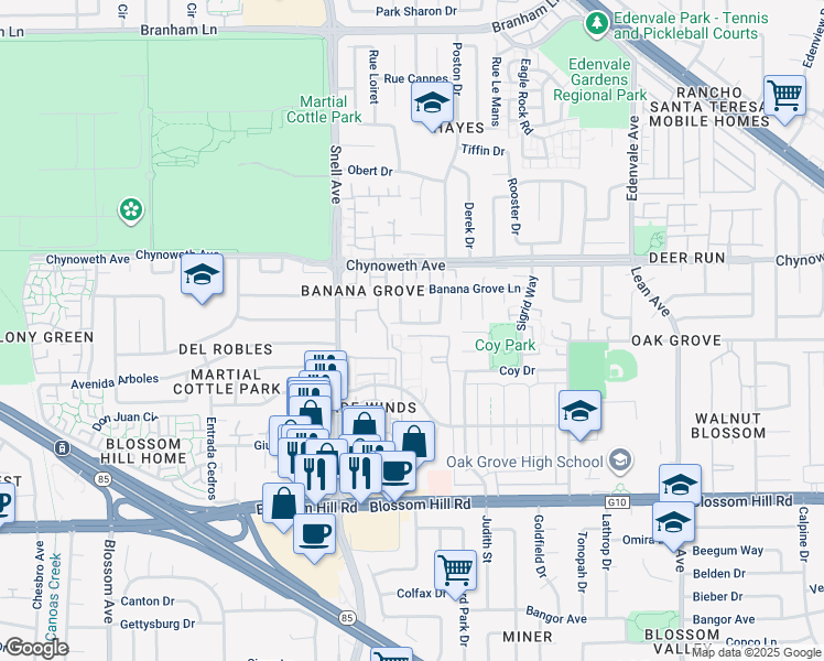 map of restaurants, bars, coffee shops, grocery stores, and more near 224 Cheris Drive in San Jose