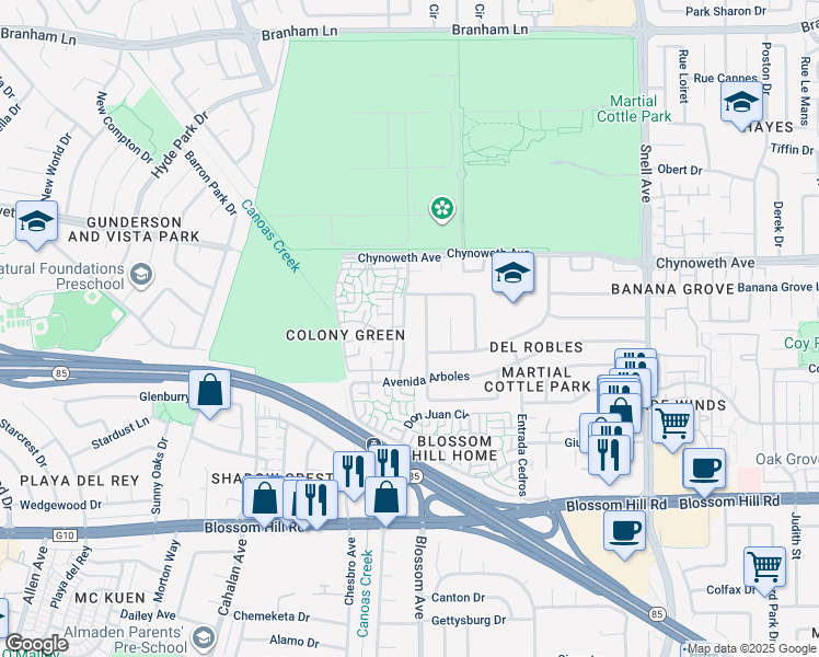 map of restaurants, bars, coffee shops, grocery stores, and more near 5384 Duesenberg Drive in San Jose