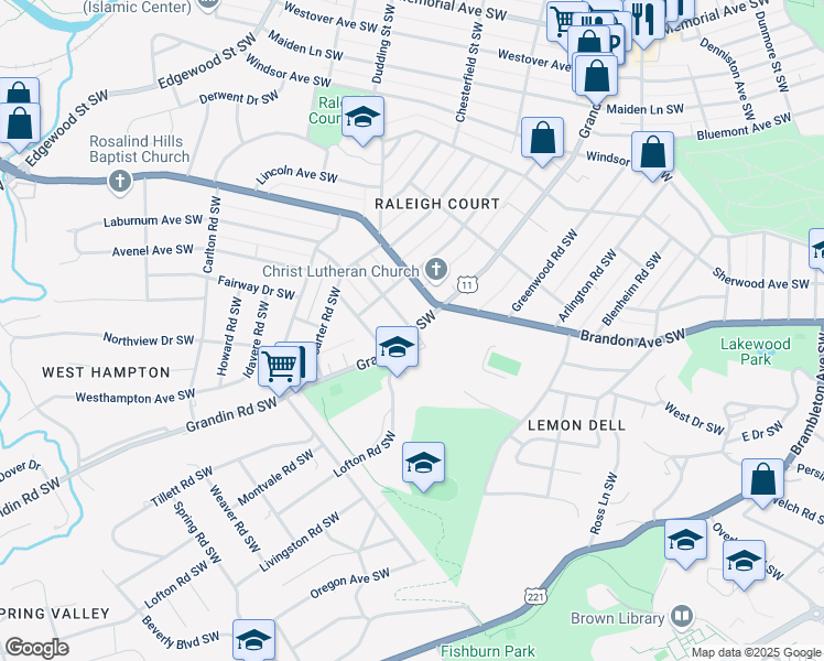 map of restaurants, bars, coffee shops, grocery stores, and more near 2000 Laburnum Avenue Southwest in Roanoke
