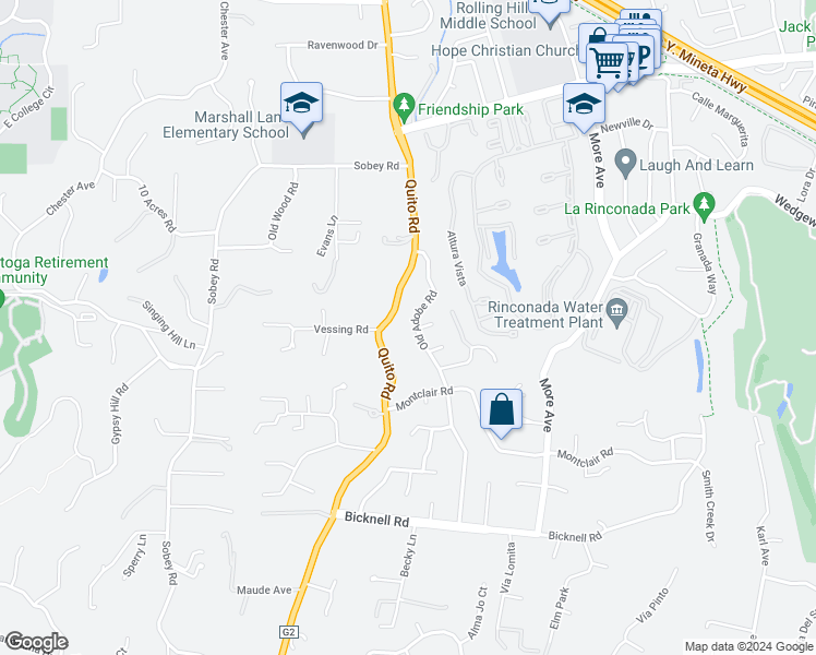 map of restaurants, bars, coffee shops, grocery stores, and more near 139 Old Adobe Road in Los Gatos