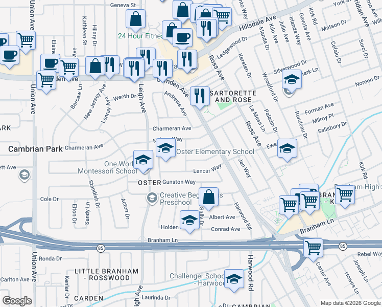 map of restaurants, bars, coffee shops, grocery stores, and more near 1829 Ronie Way in San Jose