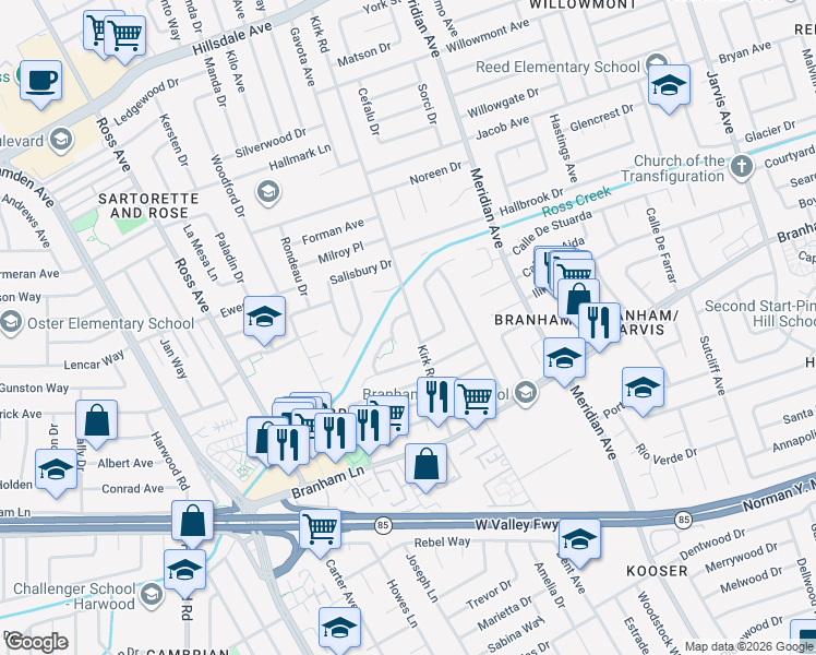 map of restaurants, bars, coffee shops, grocery stores, and more near 1637 Swangate Way in San Jose