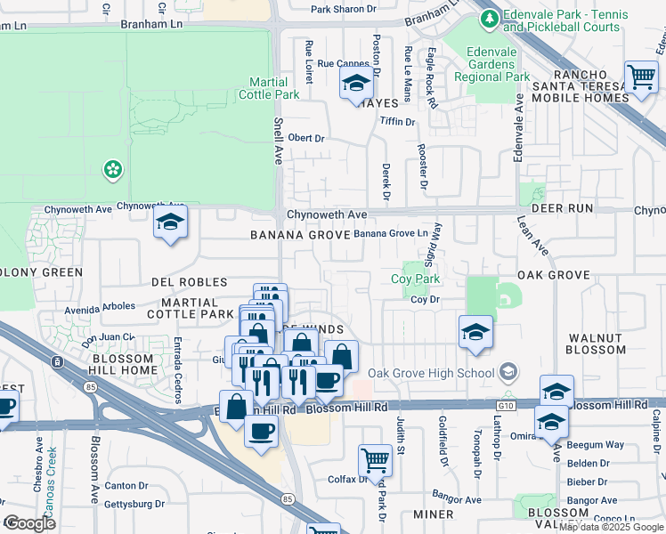map of restaurants, bars, coffee shops, grocery stores, and more near 236 Cheris Drive in San Jose