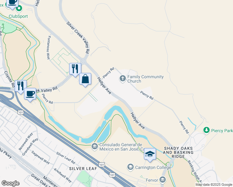 map of restaurants, bars, coffee shops, grocery stores, and more near 6140 Hellyer Avenue in San Jose