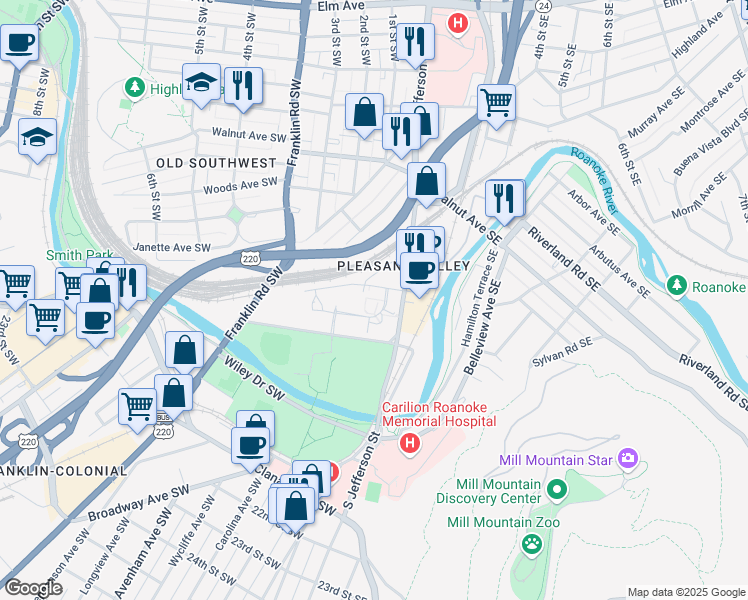 map of restaurants, bars, coffee shops, grocery stores, and more near 4 Riverside Circle in Roanoke