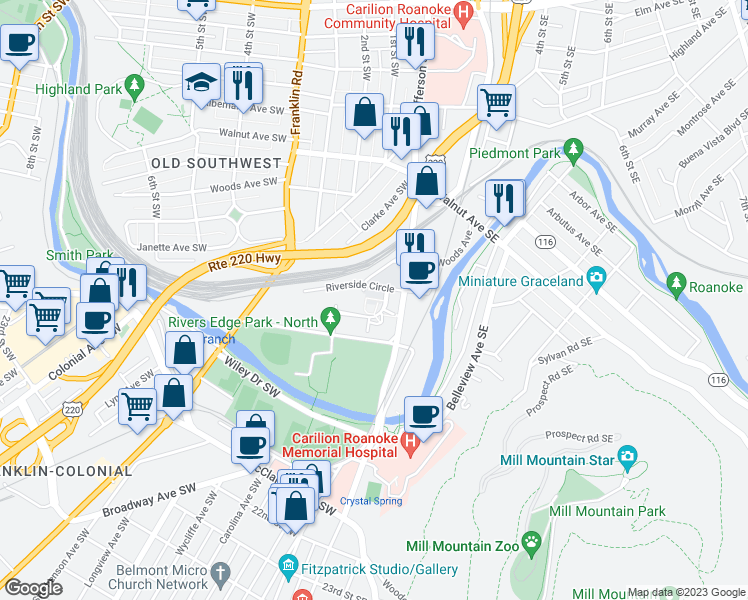 map of restaurants, bars, coffee shops, grocery stores, and more near 4 Riverside Circle in Roanoke