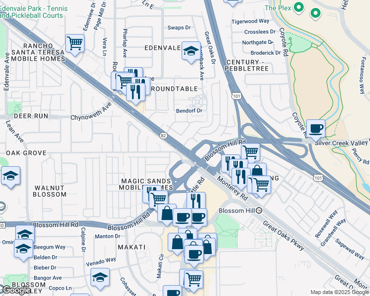 map of restaurants, bars, coffee shops, grocery stores, and more near 5450 Monterey Road in San Jose