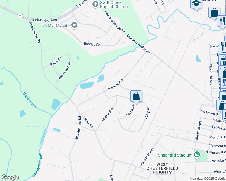 map of restaurants, bars, coffee shops, grocery stores, and more near 19413 Varanda Lane in Ettrick