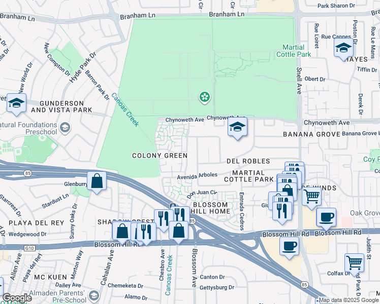 map of restaurants, bars, coffee shops, grocery stores, and more near 5384 Duesenberg Drive in San Jose
