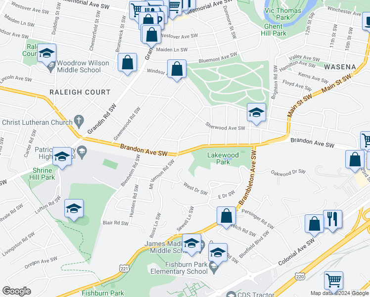 map of restaurants, bars, coffee shops, grocery stores, and more near 1547 Brandon Avenue Southwest in Roanoke