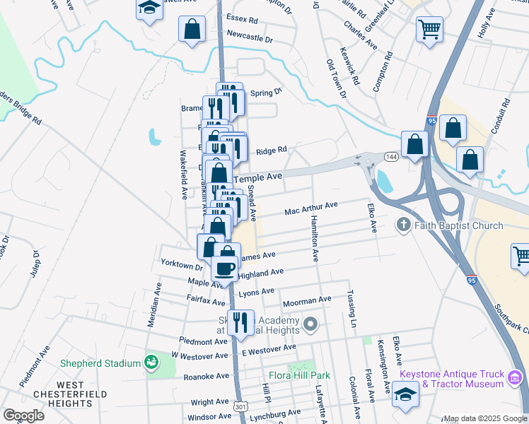 map of restaurants, bars, coffee shops, grocery stores, and more near 204 Mac Arthur Avenue in Colonial Heights